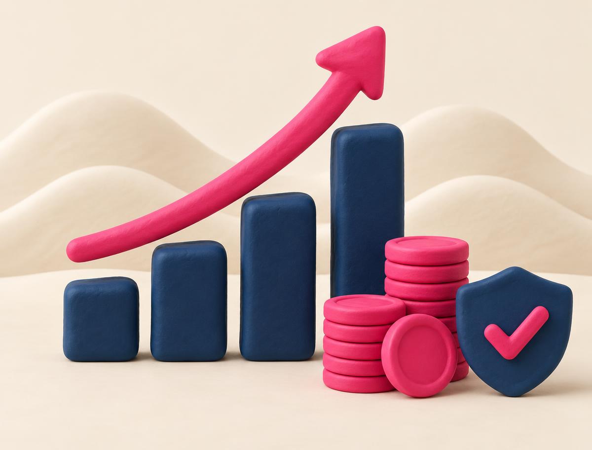 Illustration of a rising clay bar chart with a pink arrow, coins and a shield with a tick