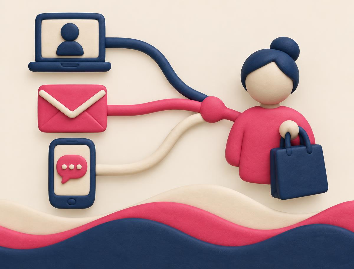 Illustration of a laptop, an envelope and a phone joining into one shopper